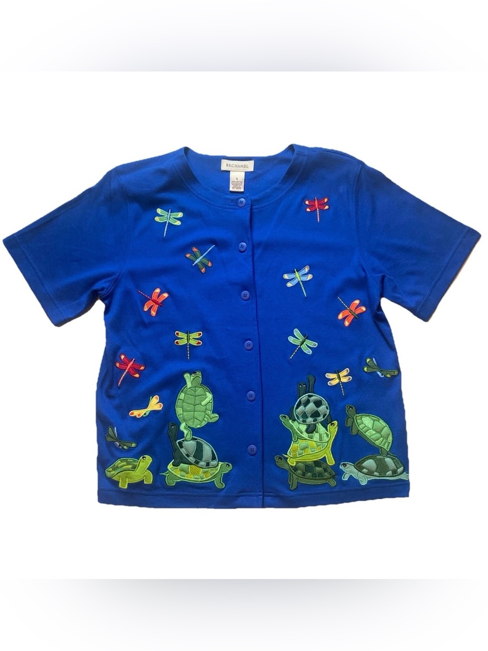 Bechamel Vintage Embroidered Turtle & Dragonfly Button-Front Top, Size XL, EUC